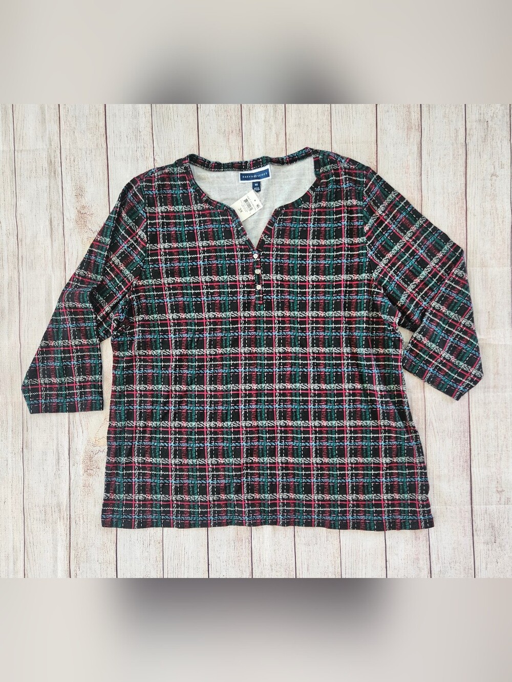 Karen Scott Black Plaid Henley with Red & Green Accents